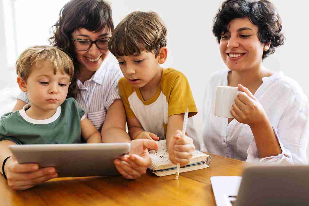 two women and two young buys looking at a digital tablet screen