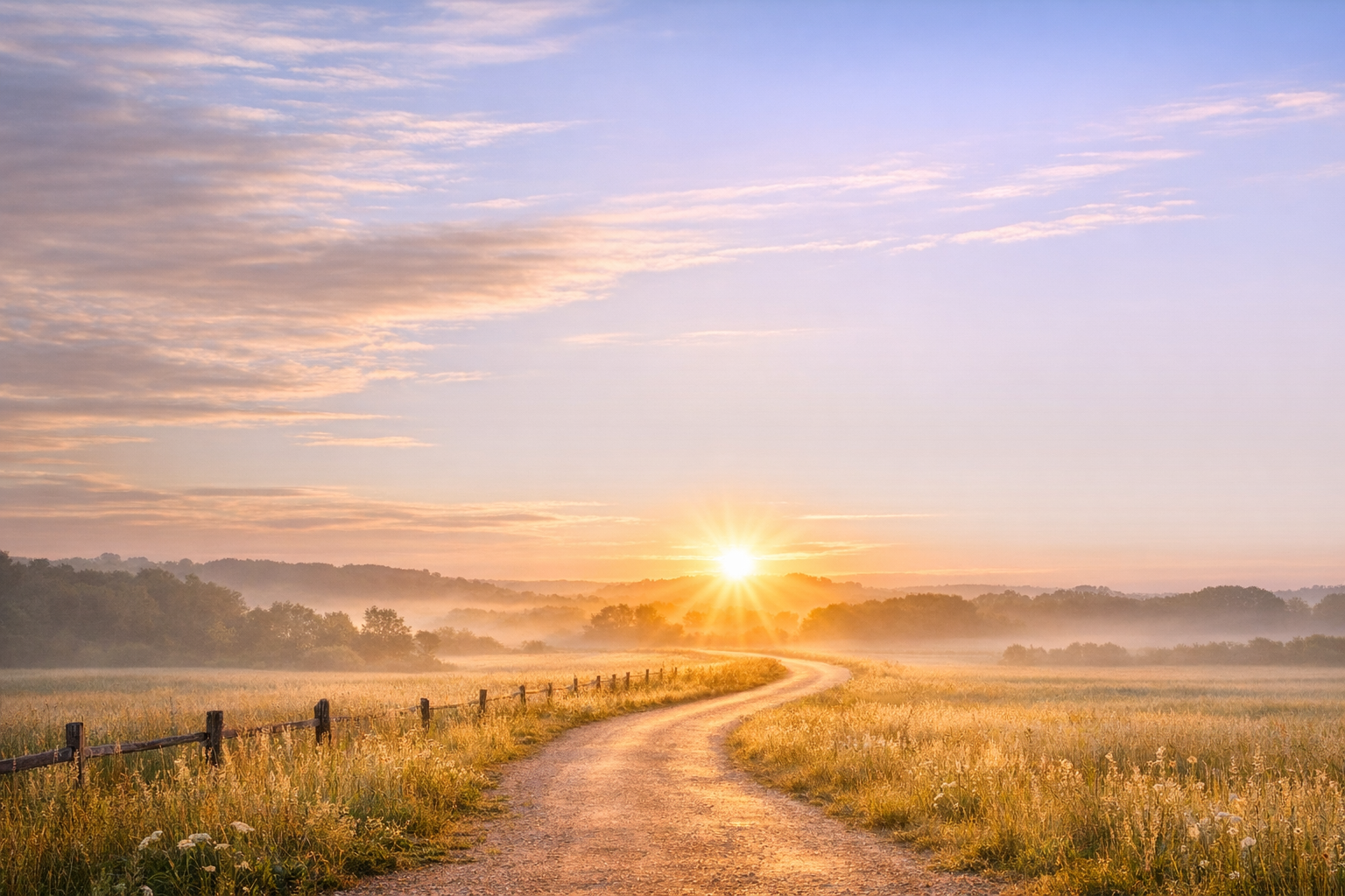 A sunrise over the mountains in a field